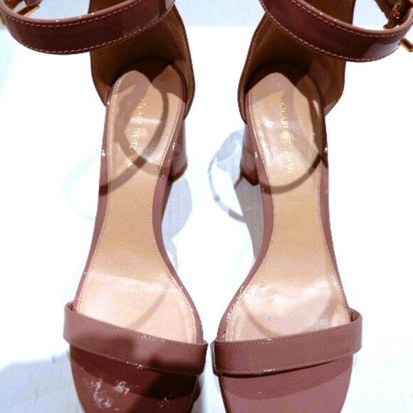 Stuart Weitzman Nudist Block 75M Heel Sandals in Mauve Pink Patent Leather - Picture 2 of 4